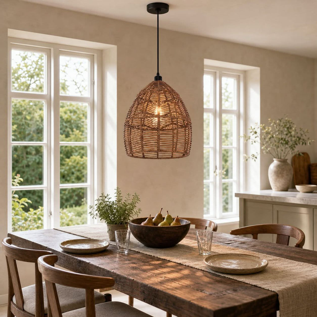 Lightsin Boho Rattan Pendant Light – Handwoven Wicker Ceiling Light Fixture for Living Room, Kitchen, and Bohemian Interiors