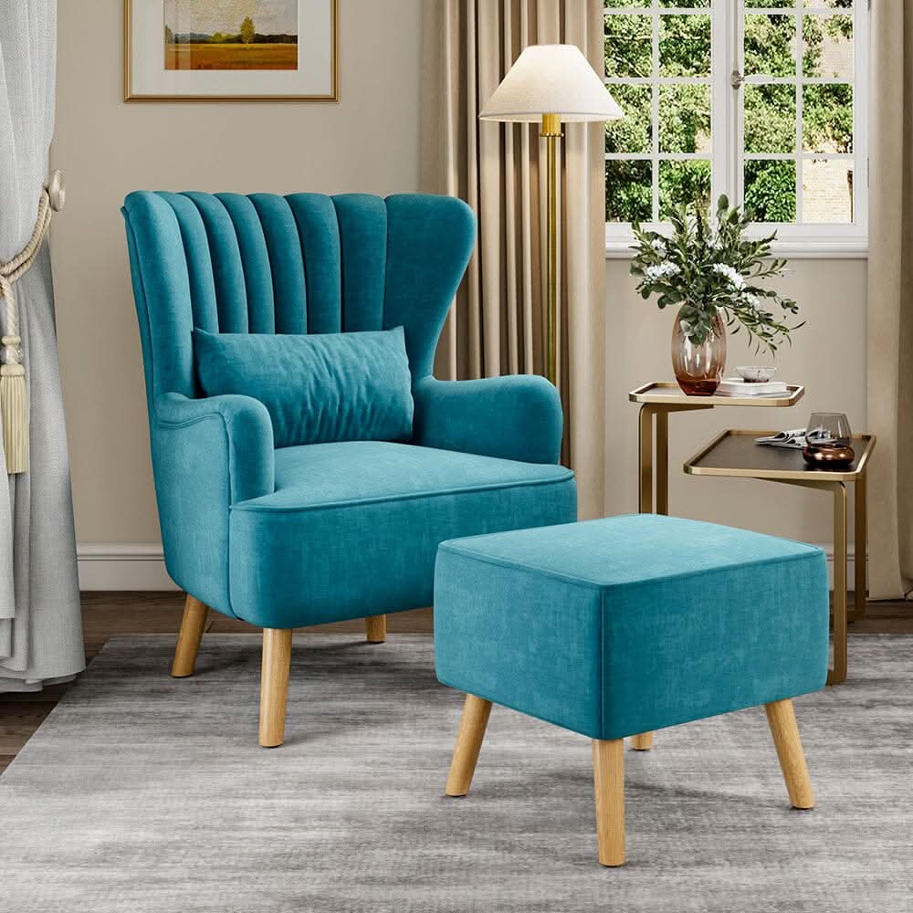 77cm W Occasion Faux Wool Wingback Chair Padded Armchair and Footstool