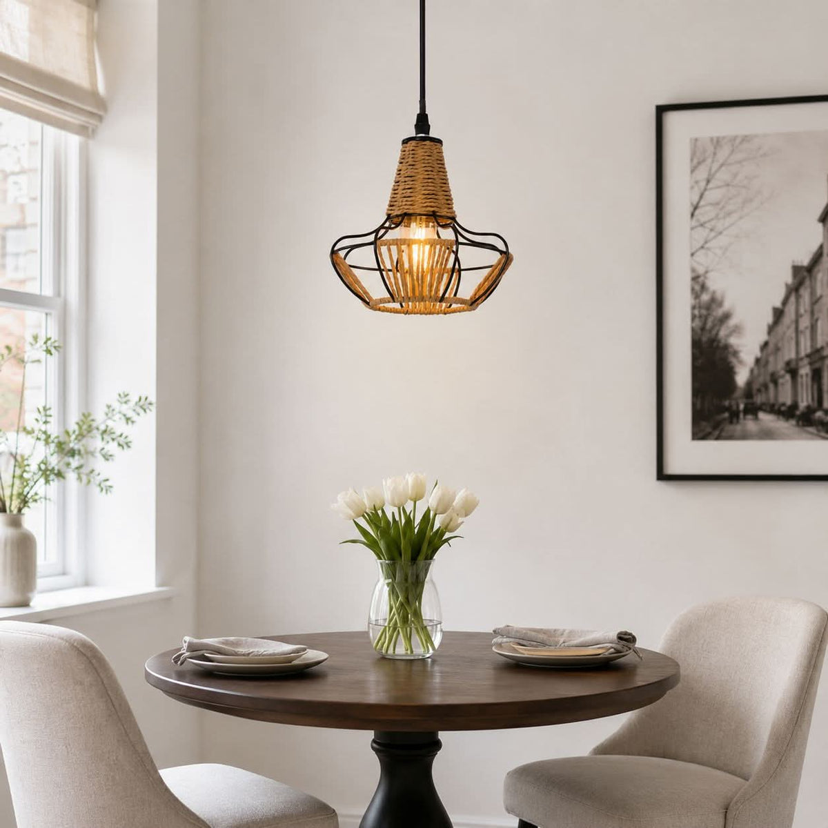 Glyph-Lightsin Rustic Iron Woven Rattan Pendant Light for Dining Room, Reading Corner & Bedroom