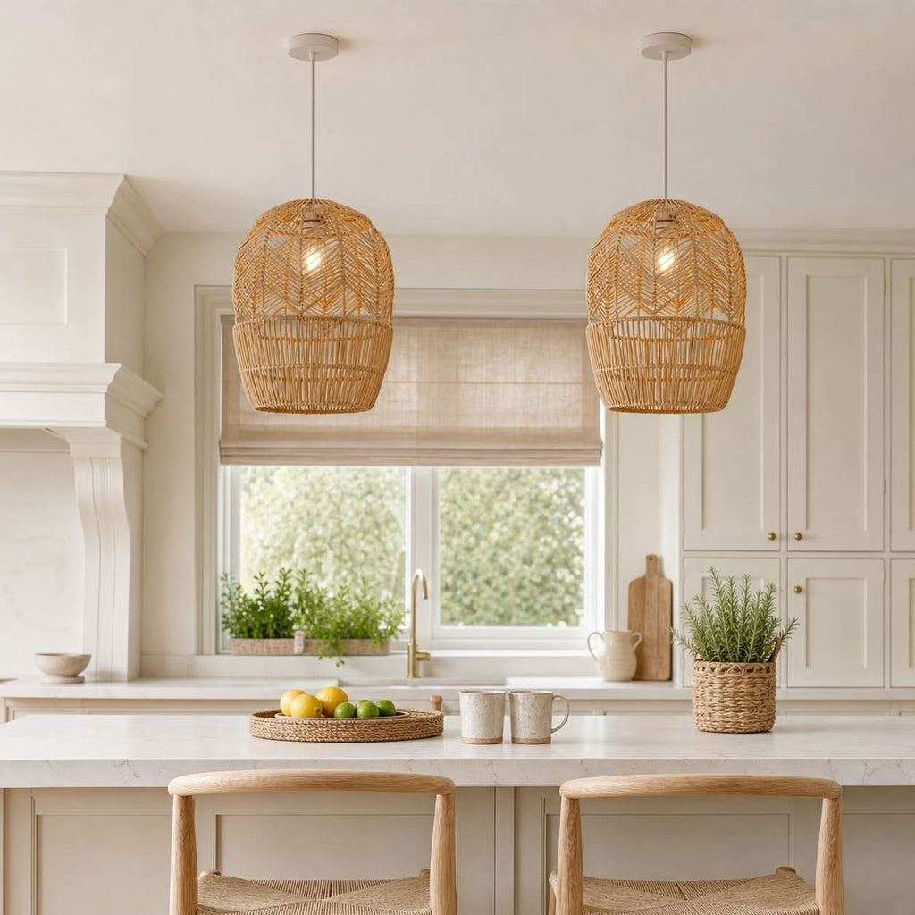 Lightsin Corrugated Elliptical Rattan Pendant Light for Living Room & Dining Room