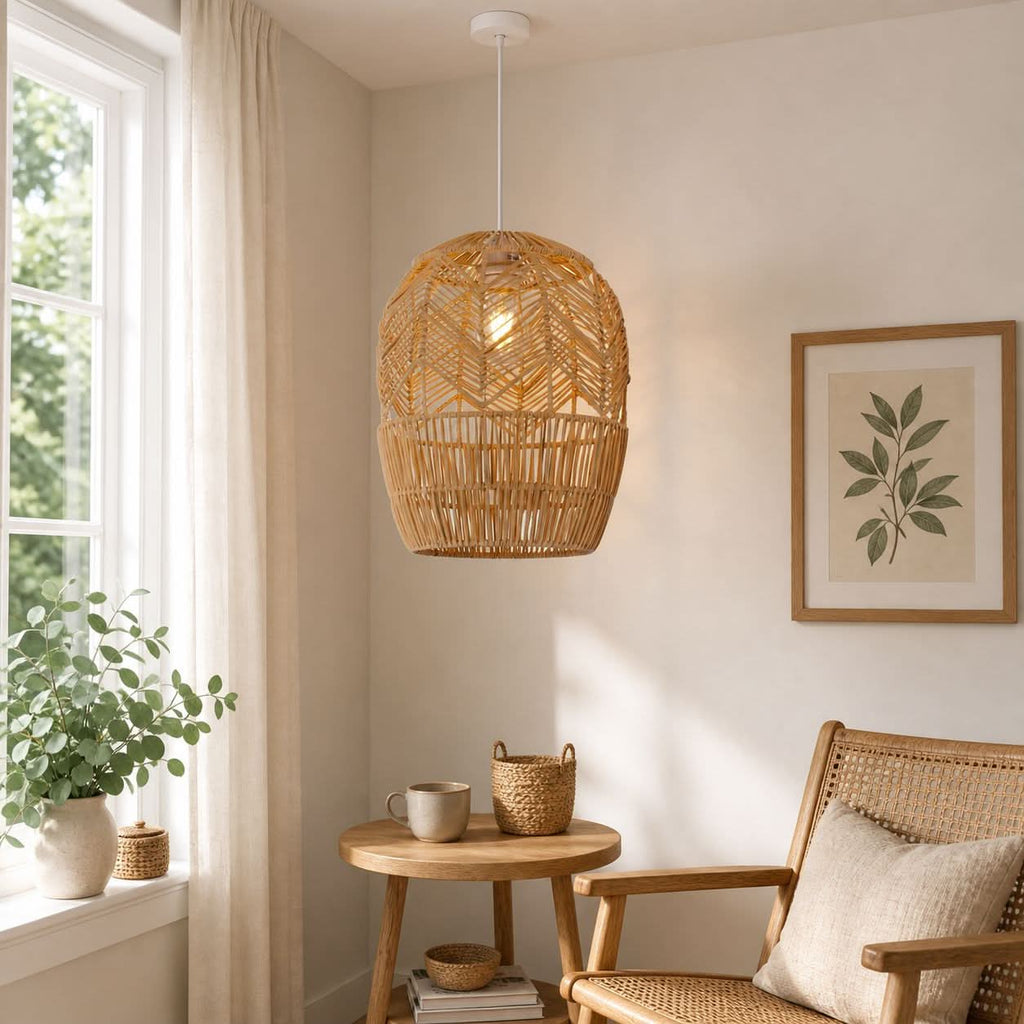 Lightsin Corrugated Elliptical Rattan Pendant Light for Living Room & Dining Room