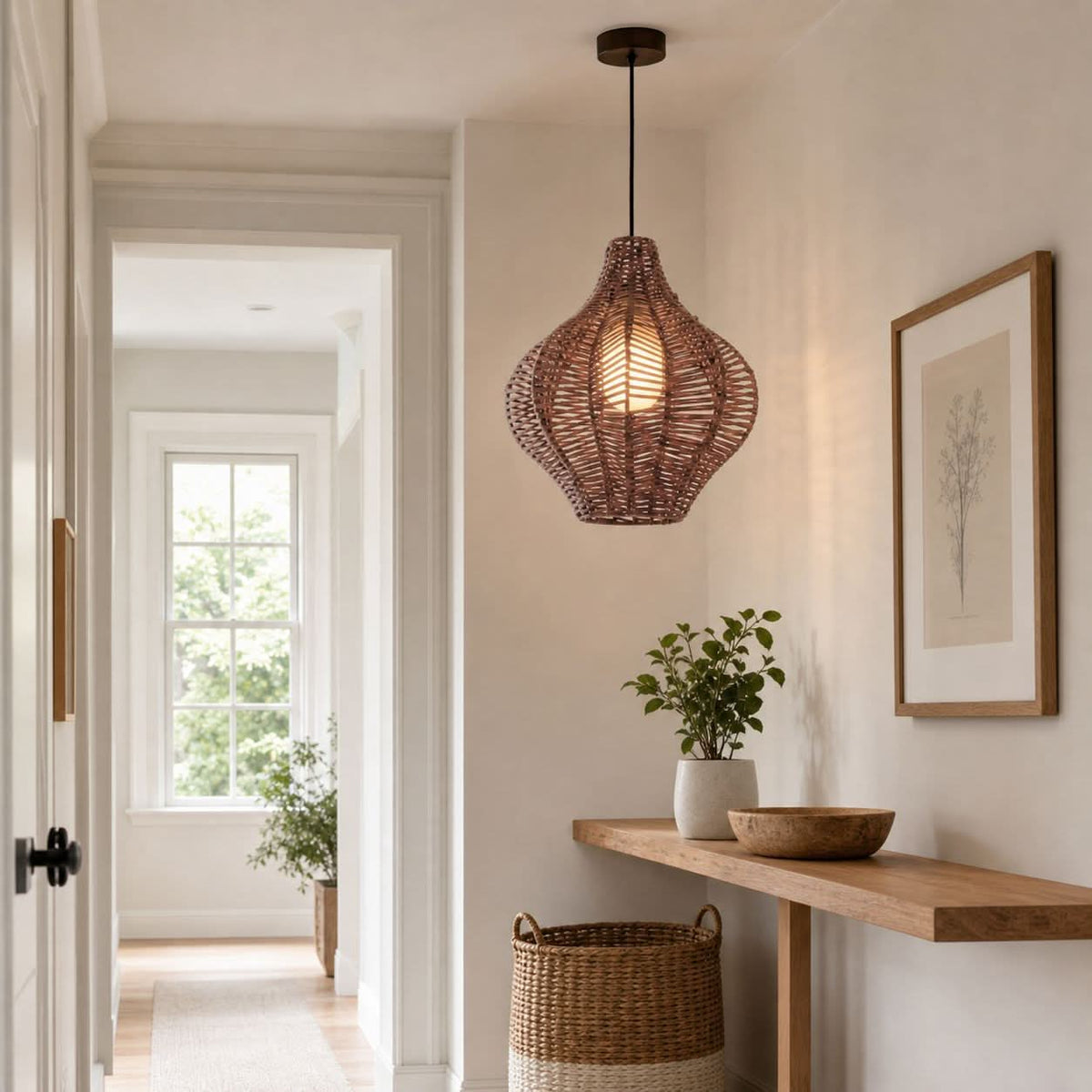 Lightsin Minimalist Handmade Wooden Rattan Pendant Light