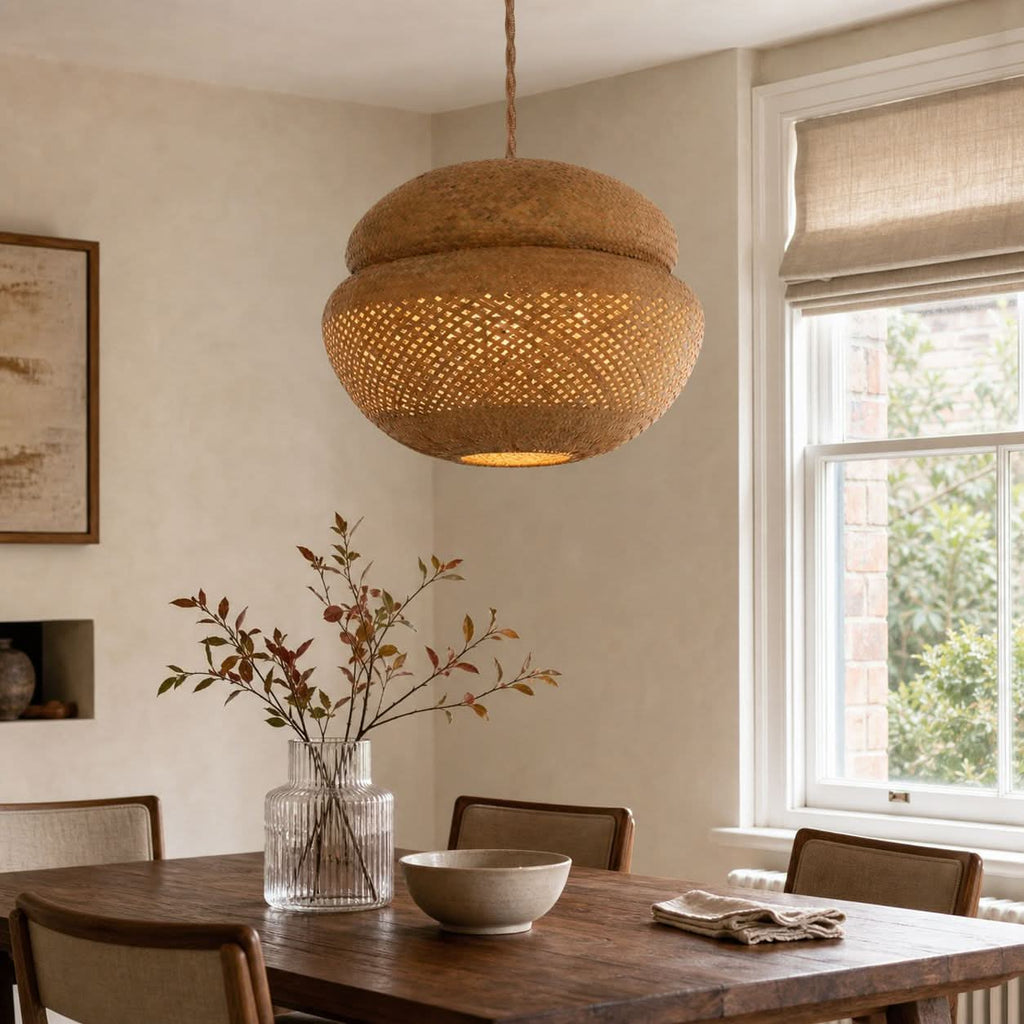 Lightsin Handwoven Natural Bulrush Pendant Ceiling Light with Pot Lid-Inspired Design