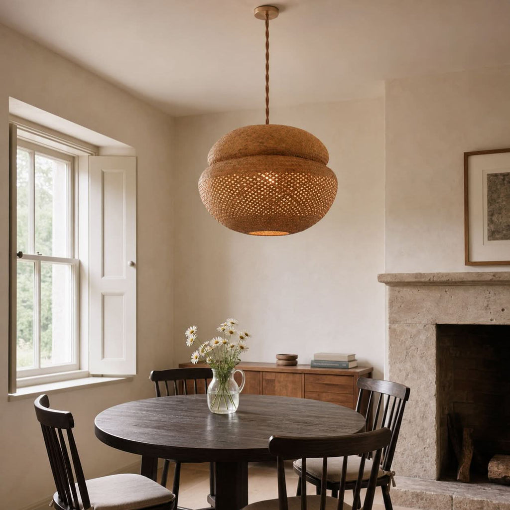 Lightsin Handwoven Natural Bulrush Pendant Ceiling Light with Pot Lid-Inspired Design