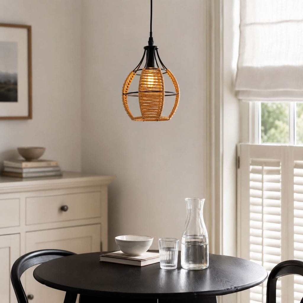 Glyph-Lightsin Rustic Iron Woven Rattan Pendant Light for Dining Room, Reading Corner & Bedroom