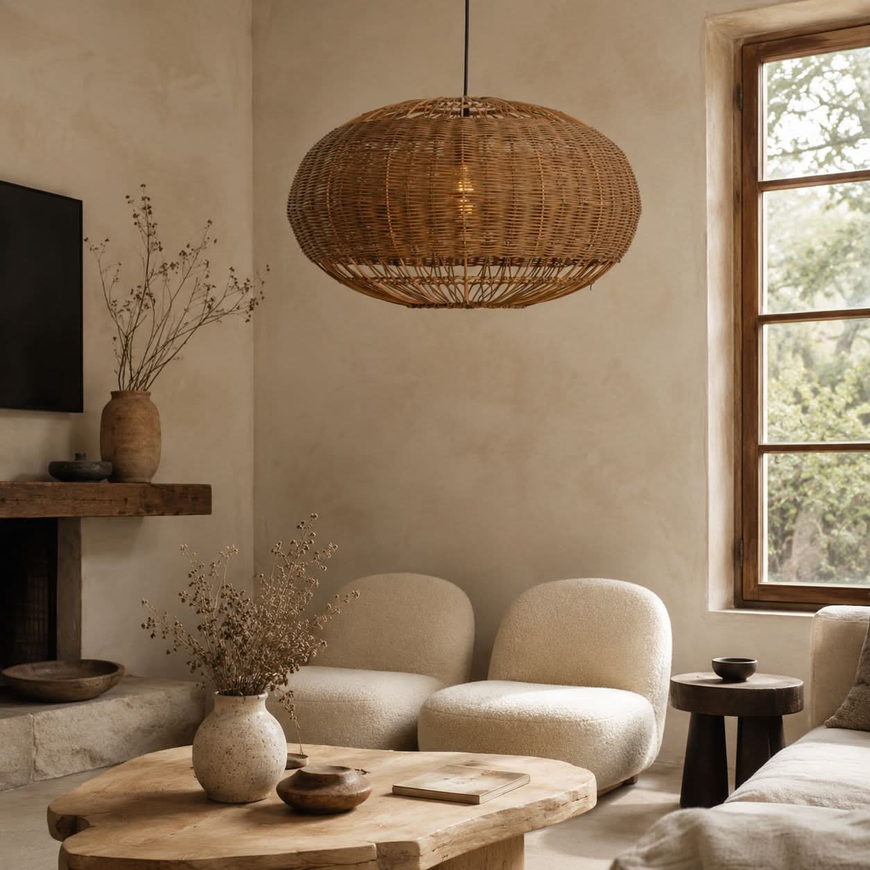 Lightsin Handcrafted Rattan Pendant Light in Flat Round Basket Shape