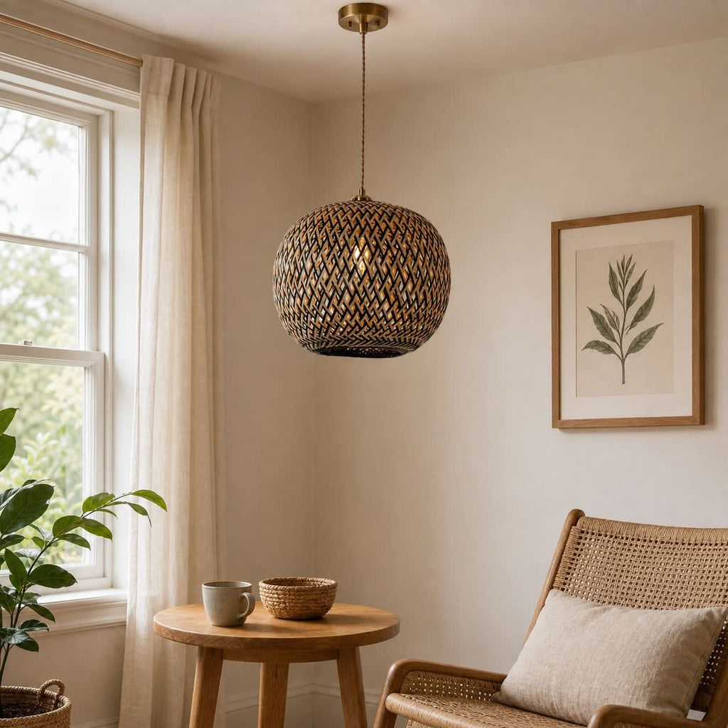 Lightsin Modern Black and Natural Bamboo Handwoven Pendant Light