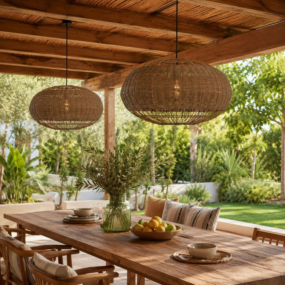 Lightsin Handcrafted Rattan Pendant Light in Flat Round Basket Shape