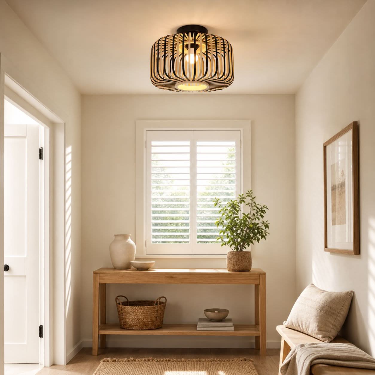 Lightsin Black Modern Ceiling Light – Handwoven Bamboo Pendant Light for Living Room, Bedroom & Kitchen