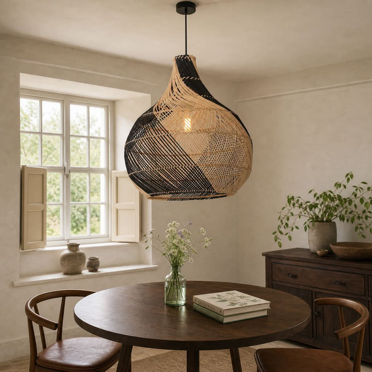 Lightsin Japanese Simple Vase Shaped Handwoven Rattan Pendant Light