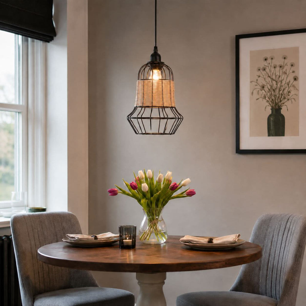 Glyph-Lightsin Rustic Iron Woven Rattan Pendant Light for Dining Room, Reading Corner & Bedroom