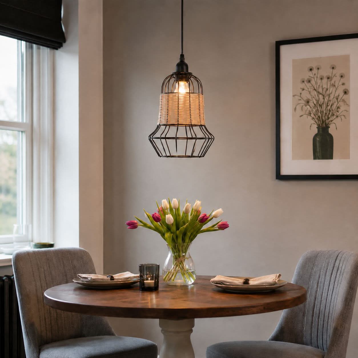 Glyph-Lightsin Rustic Iron Woven Rattan Pendant Light for Dining Room, Reading Corner & Bedroom
