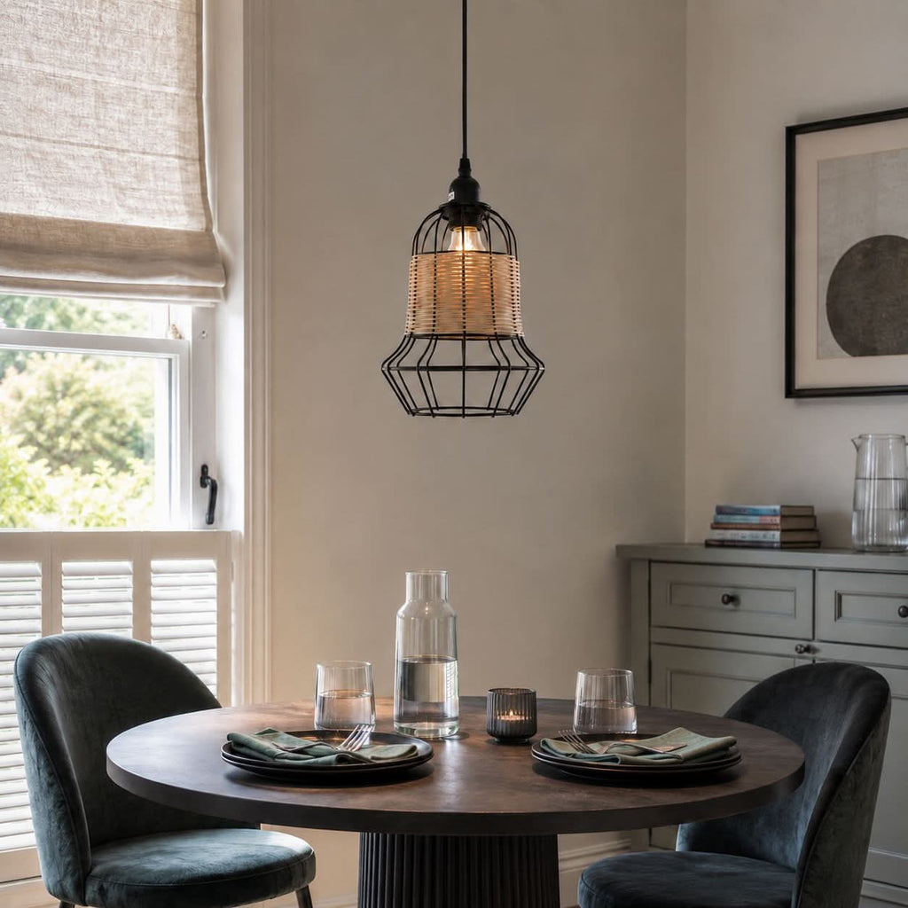 Glyph-Lightsin Rustic Iron Woven Rattan Pendant Light for Dining Room, Reading Corner & Bedroom