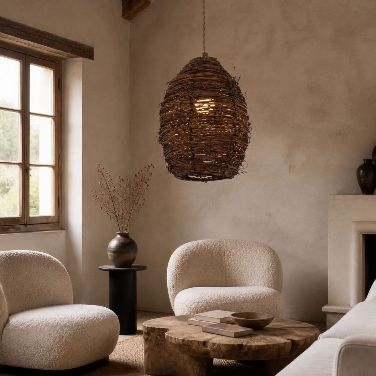 Lightsin Handcrafted Rustic Woven Rattan and Iron Pendant Light
