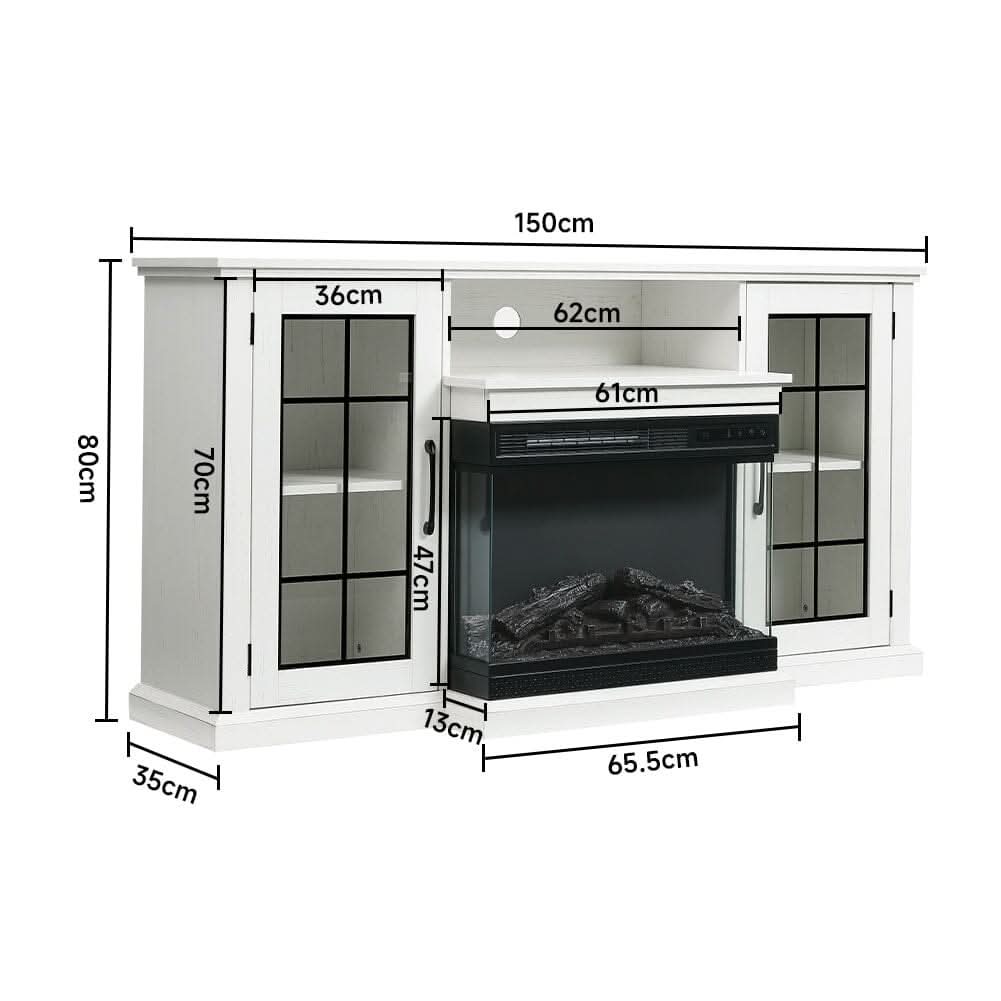 150CM W 3-sided electric fireplace TV cabinet with glass doors enclosed storage cabinet 3 flame colours