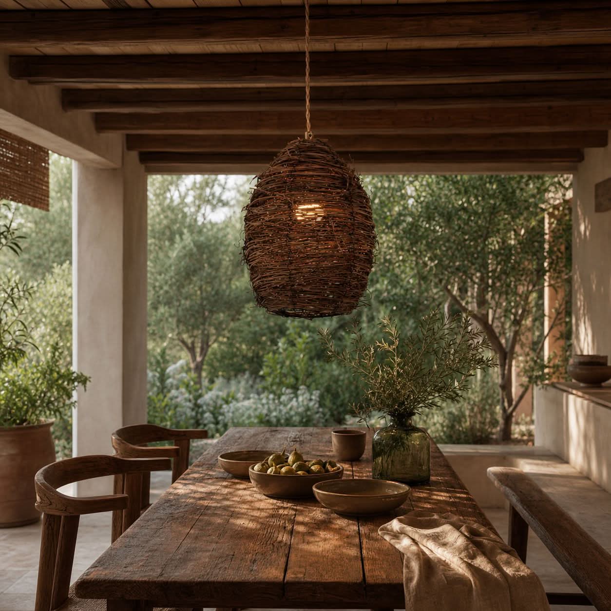 Lightsin Handcrafted Rustic Woven Rattan and Iron Pendant Light