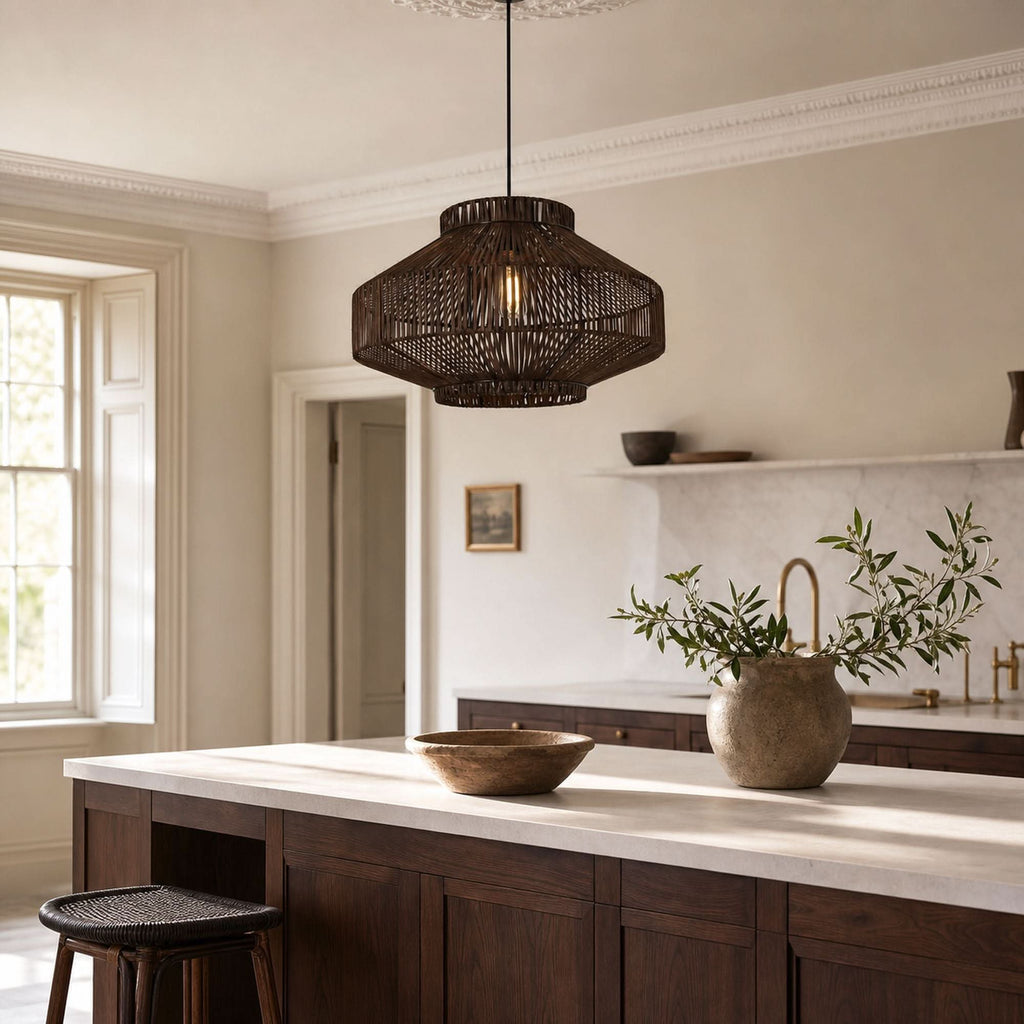 Lightsin Rattan Pendant Light for Modern Boho Interiors – Handwoven Kitchen Island Pendant Light for Living Room, Dining, and Bathroom Ceiling Lighting