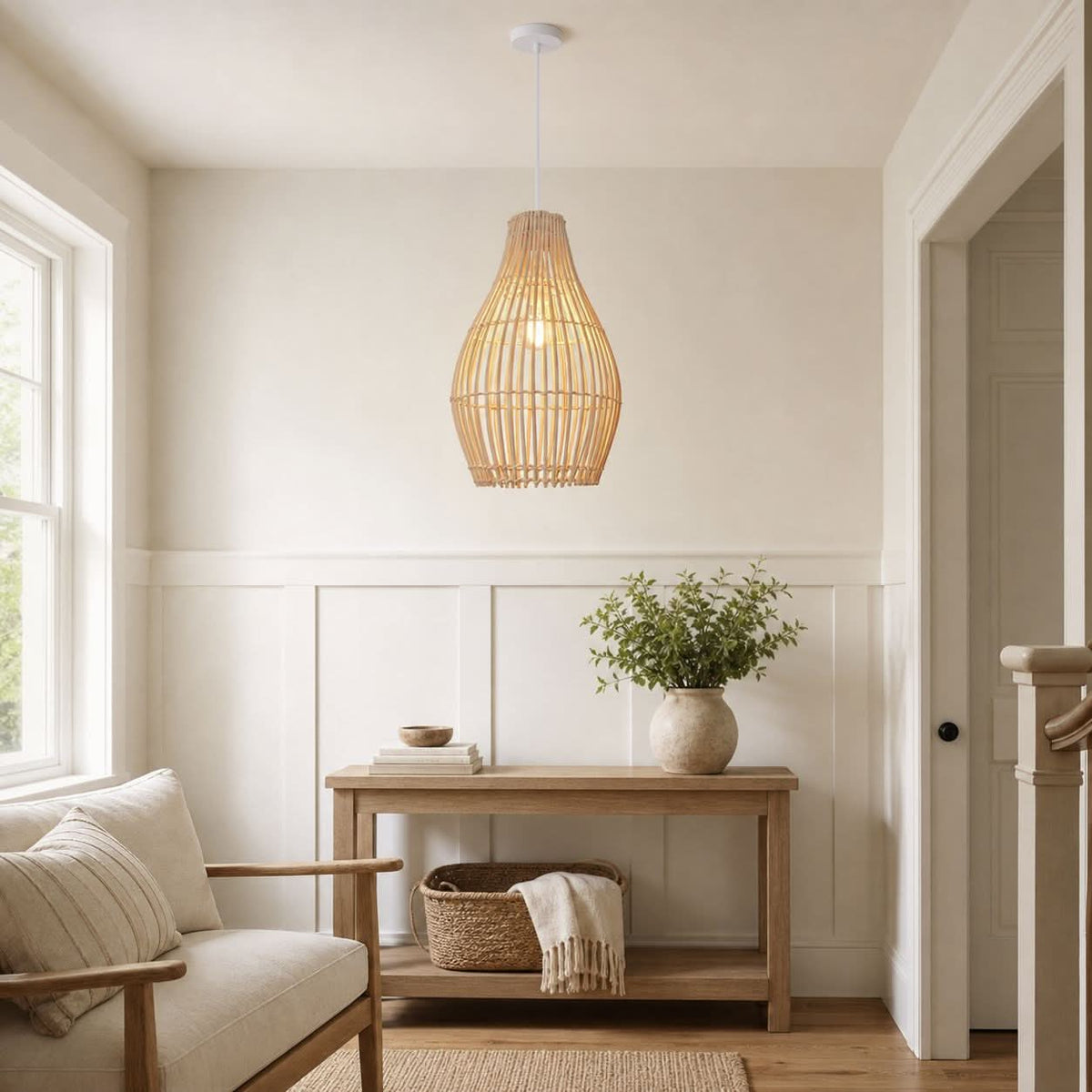 Lightsin Natural Rattan and Bamboo Pendant Light with Iron Frame