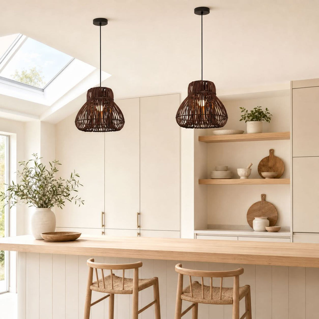 Lightsin Natural Woven Rattan Pendant Light – Handcrafted Rustic Ceiling Light for Dining Rooms, Living Spaces, and Cafés