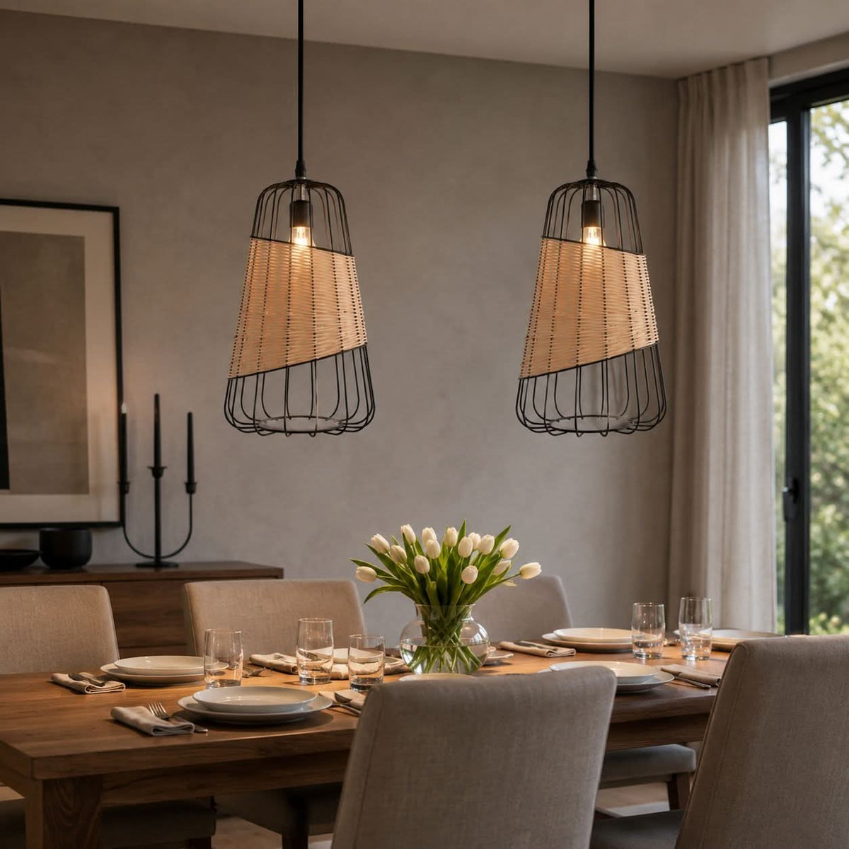 Glyph-Lightsin Rustic Iron Woven Rattan Pendant Light for Dining Room, Reading Corner & Bedroom