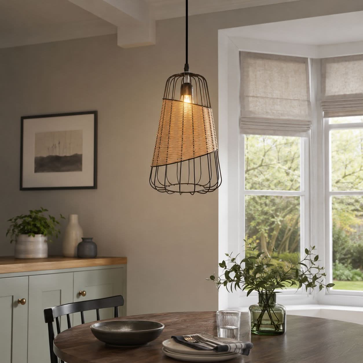 Glyph-Lightsin Rustic Iron Woven Rattan Pendant Light for Dining Room, Reading Corner & Bedroom