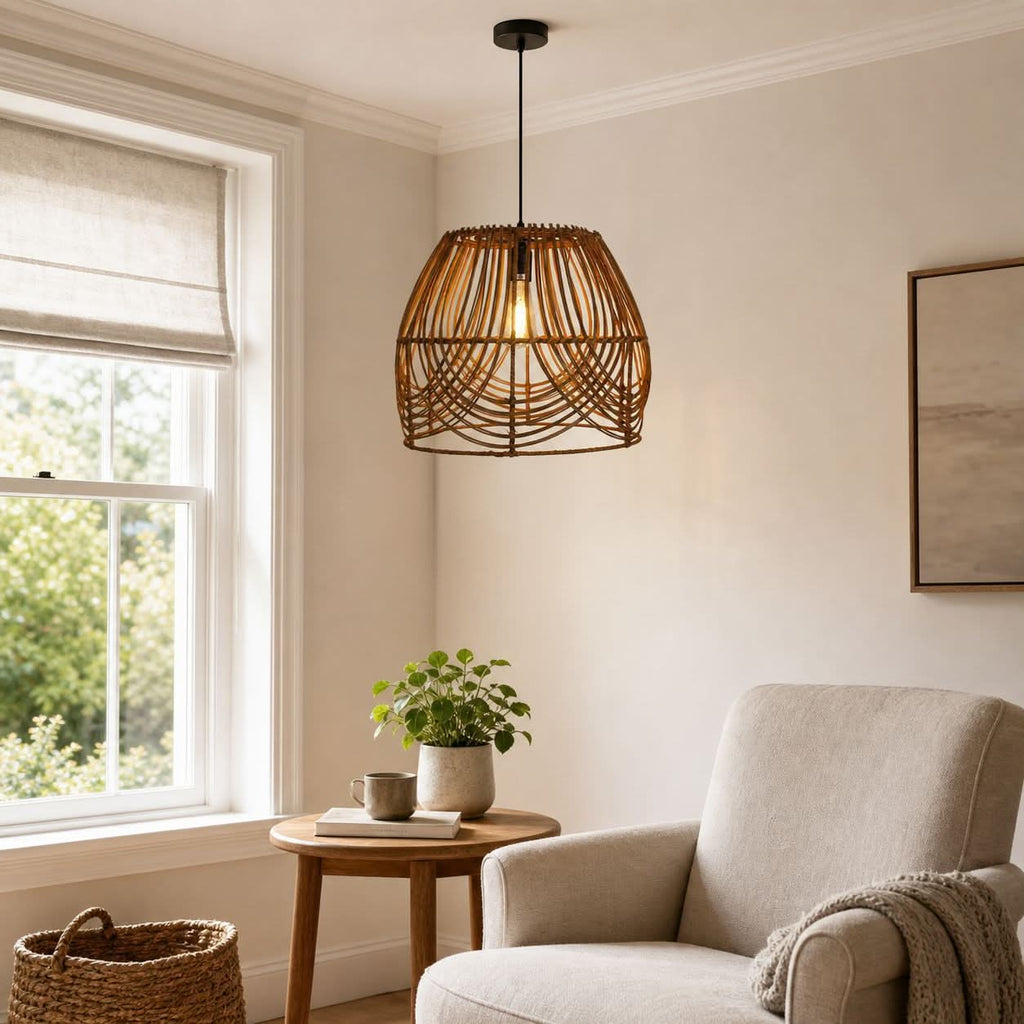 Lightsin Handwoven Rattan Pendant Light – Rustic Ceiling Lighting for Living Room & Dining Room