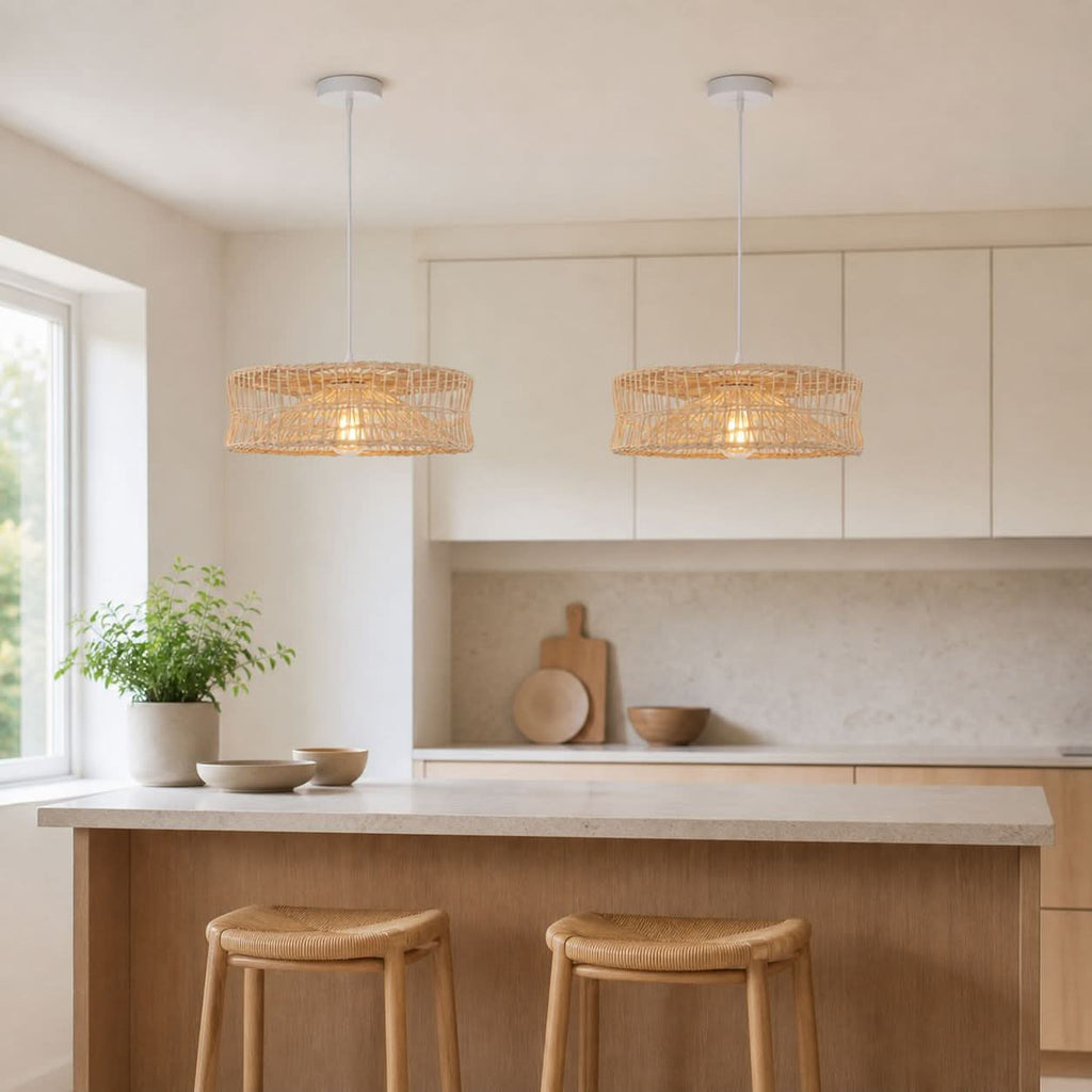 Lightsin Shallow Rattan Pendant Light for Kitchen Island Dining Area or Reading Corner