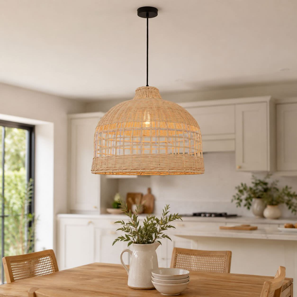 Lightsin Cella-Rattan Pendant Light – Handwoven Dome Ceiling Light with Lattice Design for Living Room, Bedroom & Kitchen