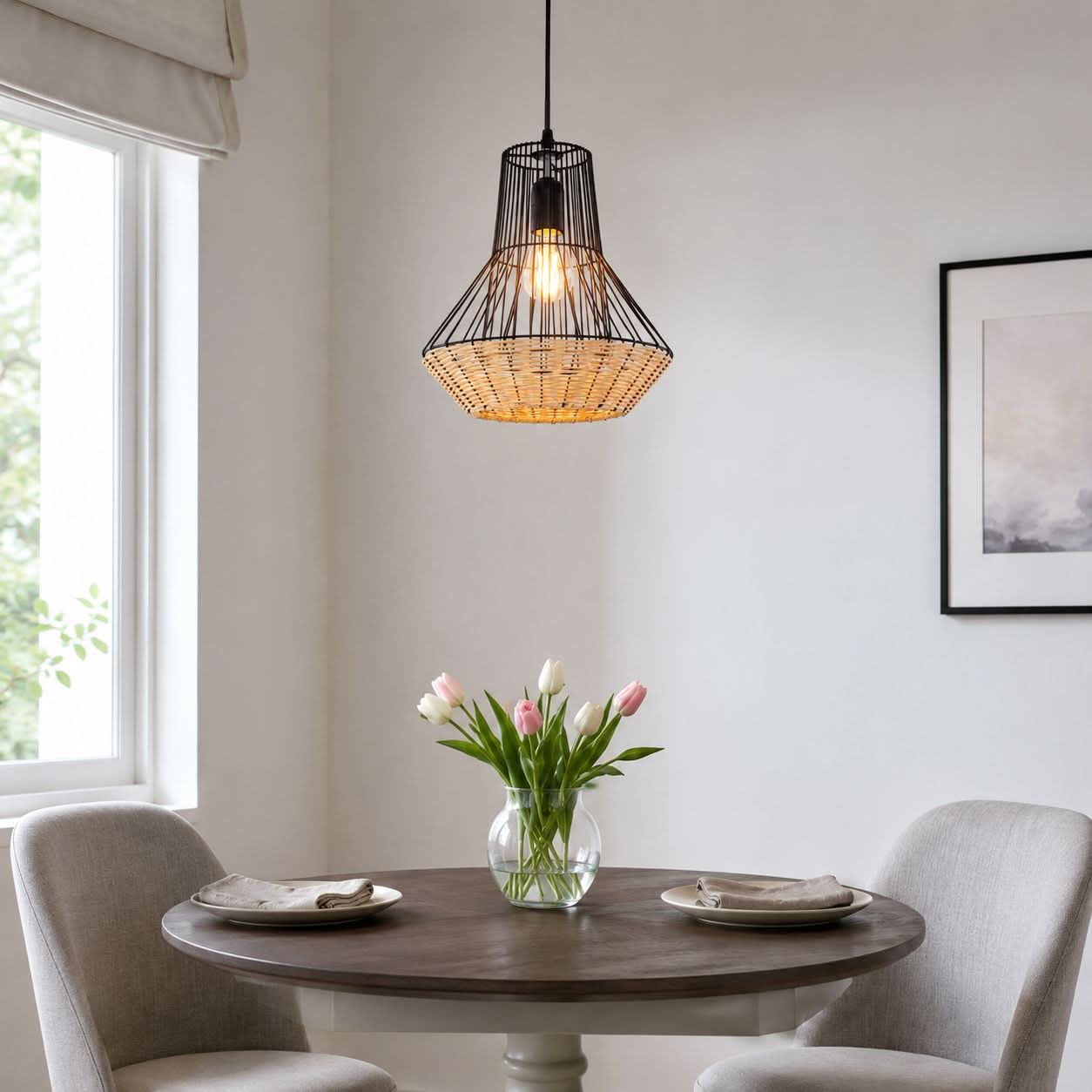 Glyph-Lightsin Geometric Rattan and Iron Pendant Light for Dining, Kitchen, and Living Rooms