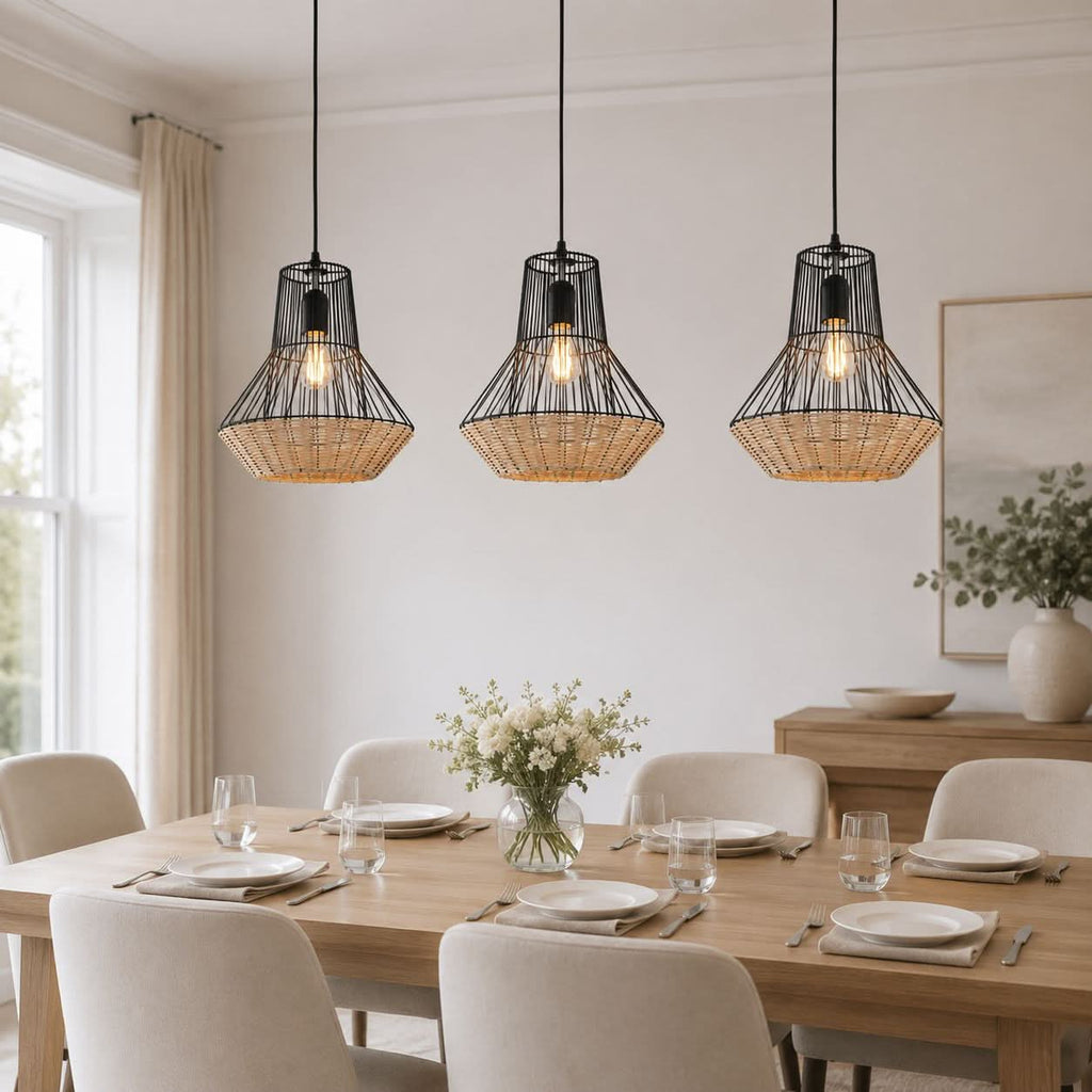 Glyph-Lightsin Geometric Rattan and Iron Pendant Light for Dining, Kitchen, and Living Rooms