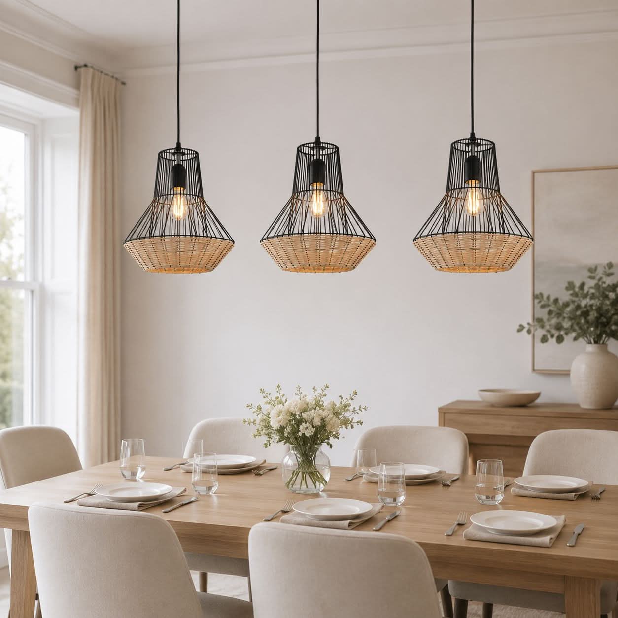 Glyph-Lightsin Geometric Rattan and Iron Pendant Light for Dining, Kitchen, and Living Rooms
