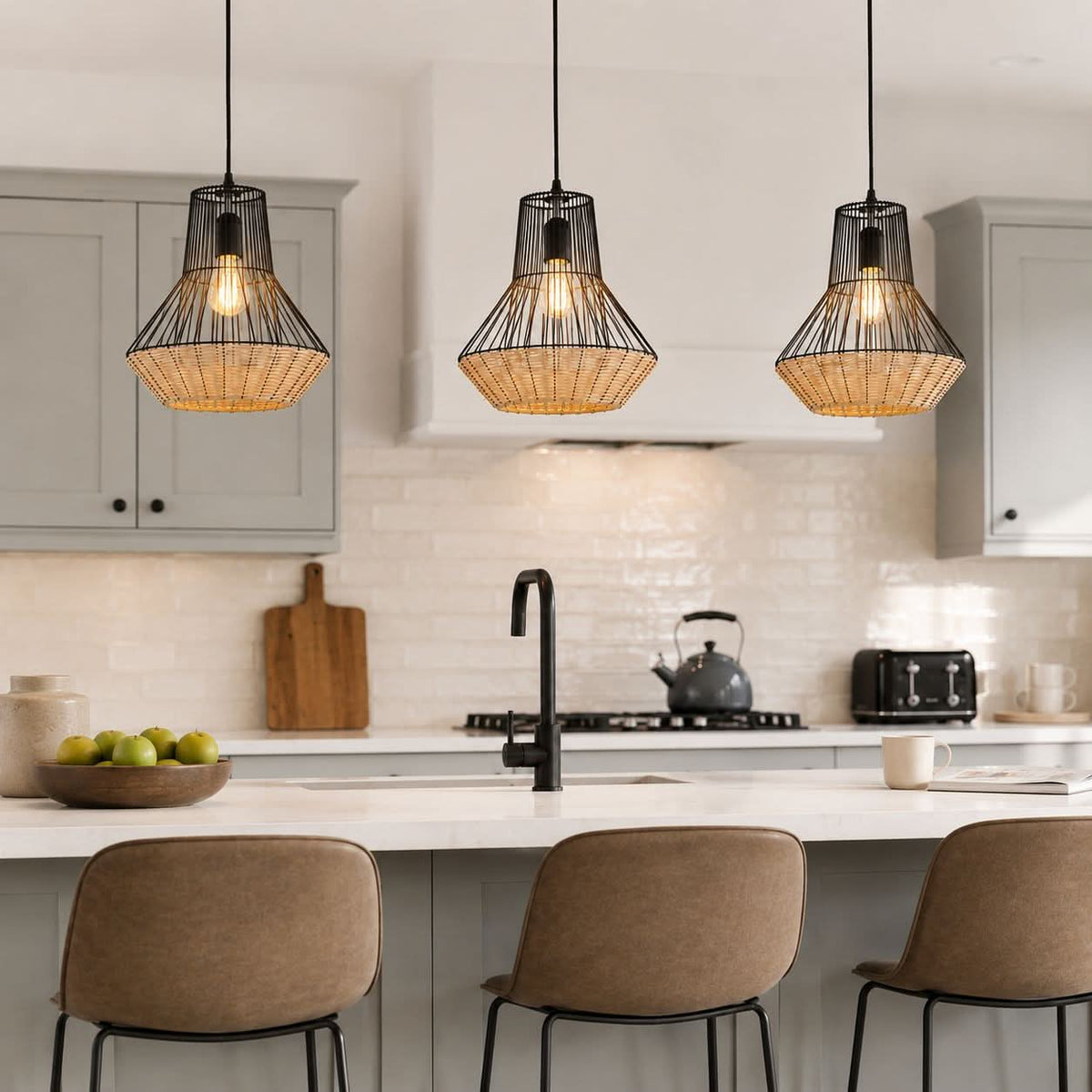 Glyph-Lightsin Geometric Rattan and Iron Pendant Light for Dining, Kitchen, and Living Rooms
