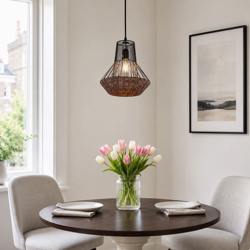 Glyph-Lightsin Geometric Rattan and Iron Pendant Light for Dining, Kitchen, and Living Rooms