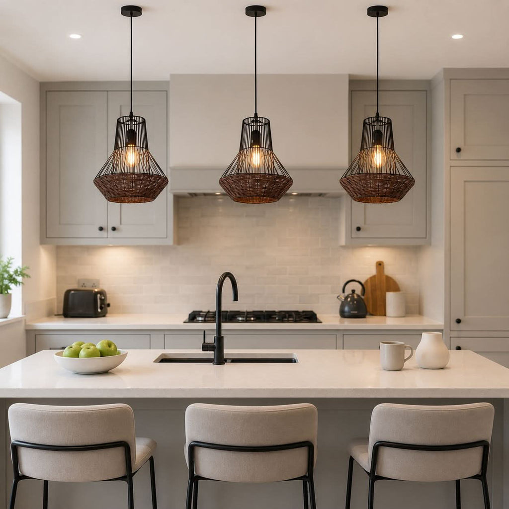 Glyph-Lightsin Geometric Rattan and Iron Pendant Light for Dining, Kitchen, and Living Rooms
