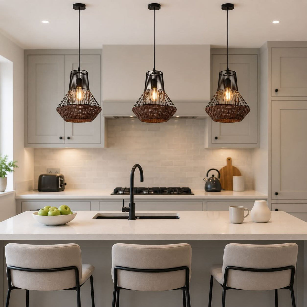 Glyph-Lightsin Geometric Rattan and Iron Pendant Light for Dining, Kitchen, and Living Rooms