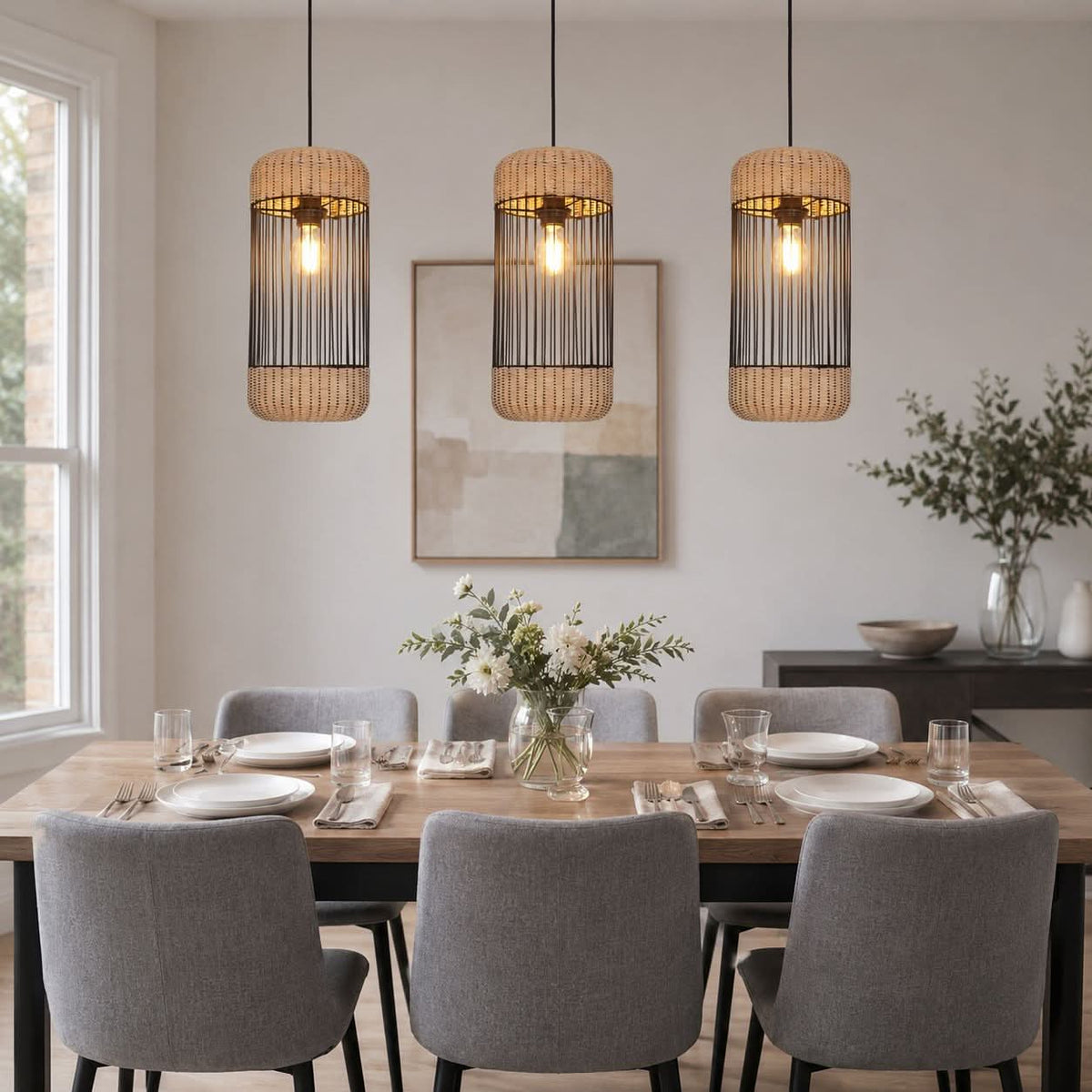 Glyph-Lightsin Cylinder-Inspired Rattan Pendant Light for Warm Natural Elegance