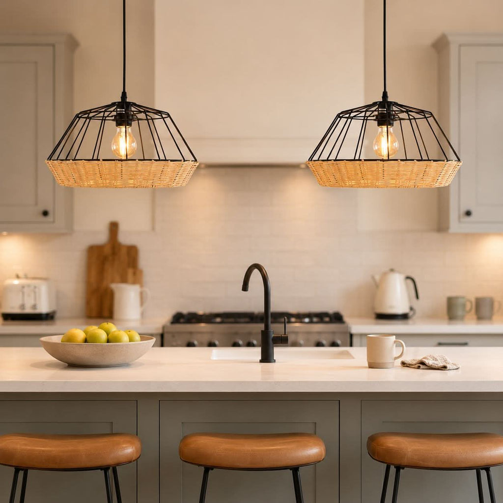 Glyph-Lightsin Rustic Iron Woven Rattan Pendant Light for Dining Room, Reading Corner & Bedroom