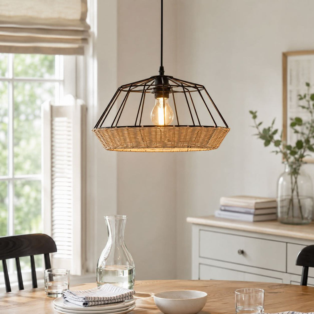 Glyph-Lightsin Rustic Iron Woven Rattan Pendant Light for Dining Room, Reading Corner & Bedroom