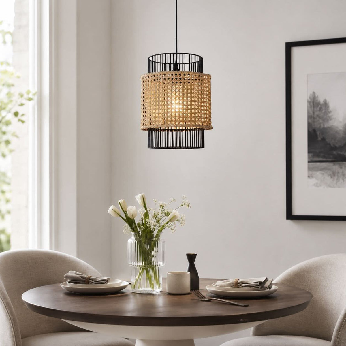 Glyph-Lightsin Elegant Black Frame with Handwoven Rattan Pendant Light