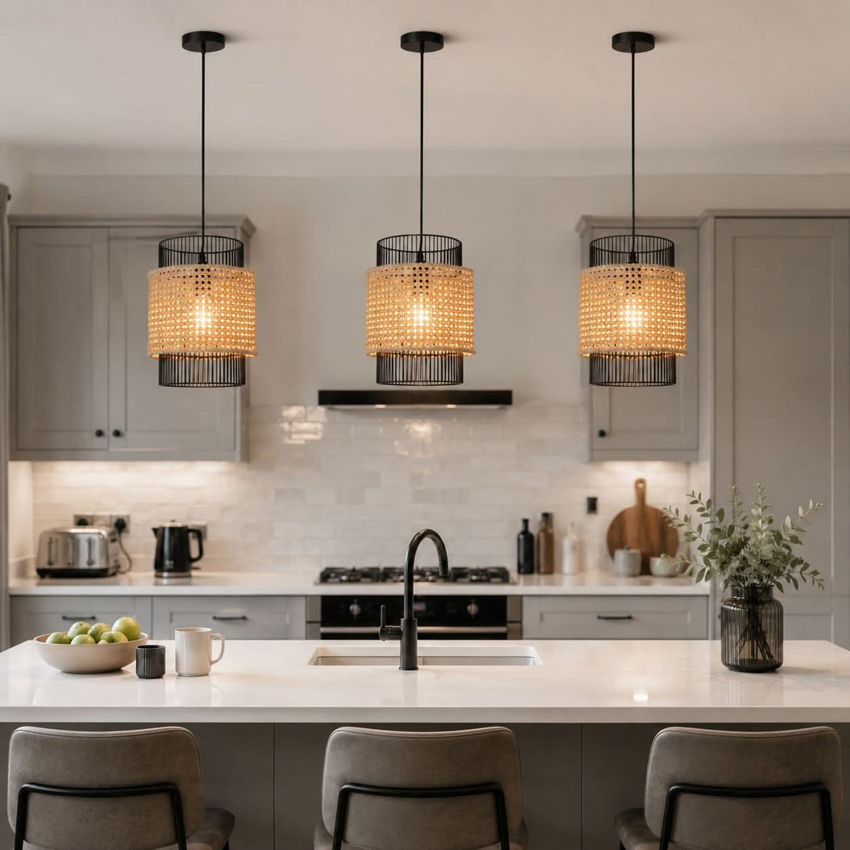 Glyph-Lightsin Elegant Black Frame with Handwoven Rattan Pendant Light