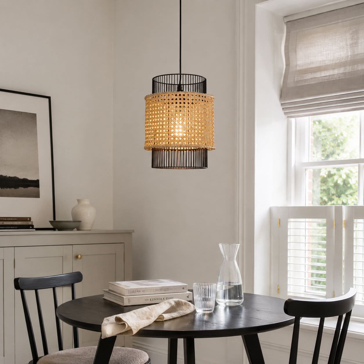 Glyph-Lightsin Elegant Black Frame with Handwoven Rattan Pendant Light