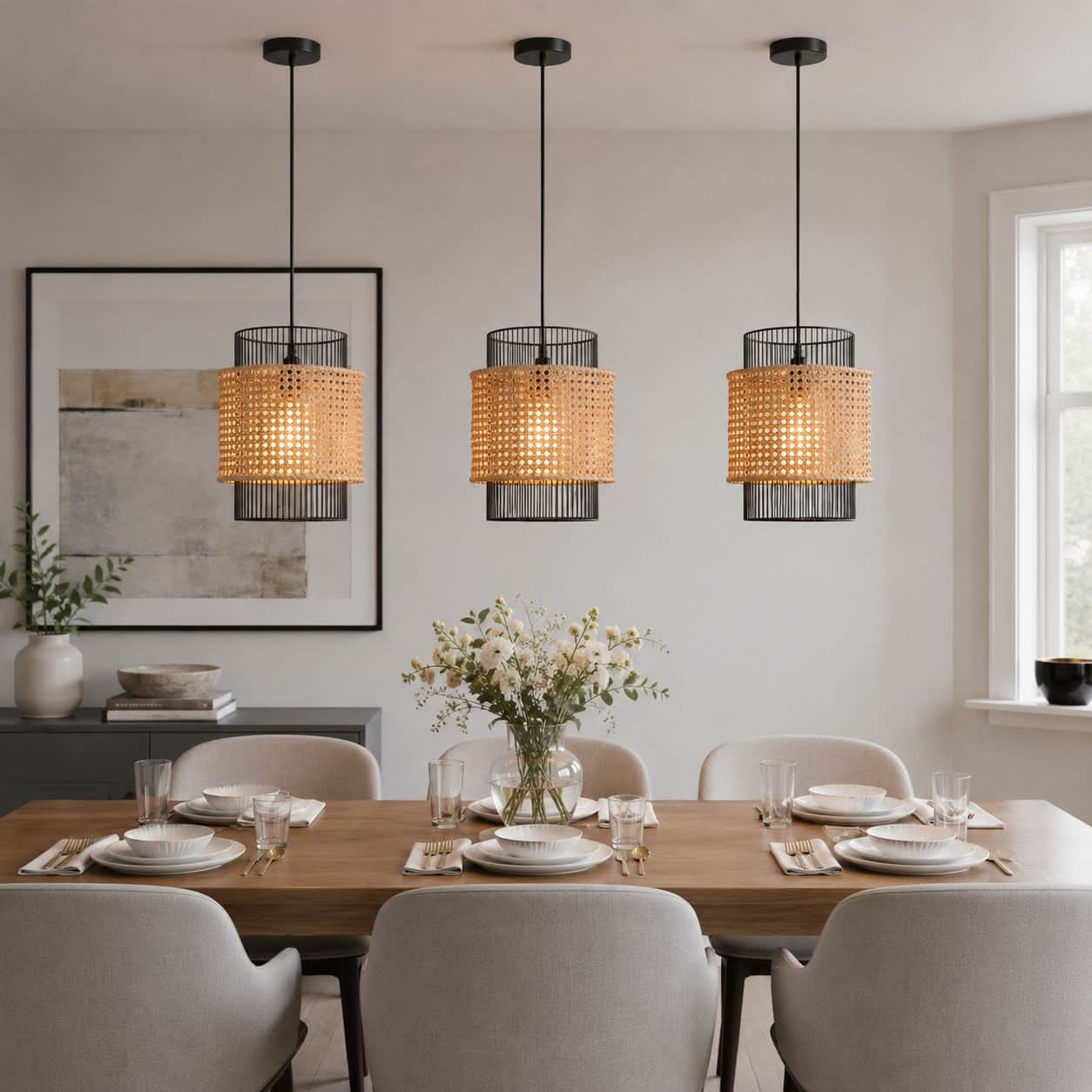 Glyph-Lightsin Elegant Black Frame with Handwoven Rattan Pendant Light