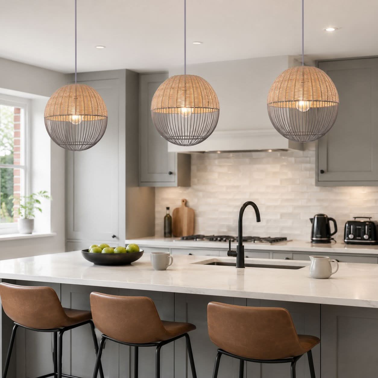 Glyph-Lightsin Chic Rattan and Metal Pendant Light for Kitchen