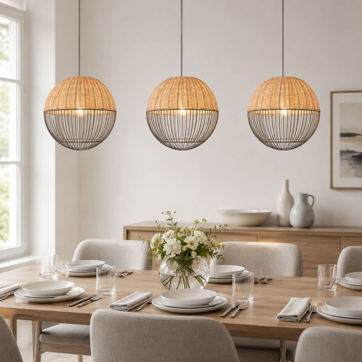 Glyph-Lightsin Chic Rattan and Metal Pendant Light for Kitchen