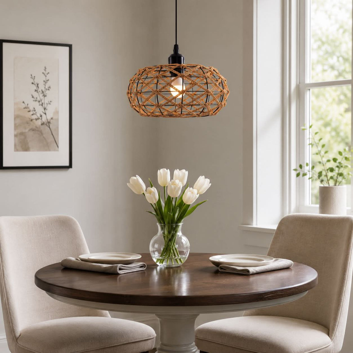 Glyph-Lightsin Handwoven Paper Rope Pendant Light – Rustic Natural Ceiling Fixture for Bedroom, Dining & Living Rooms