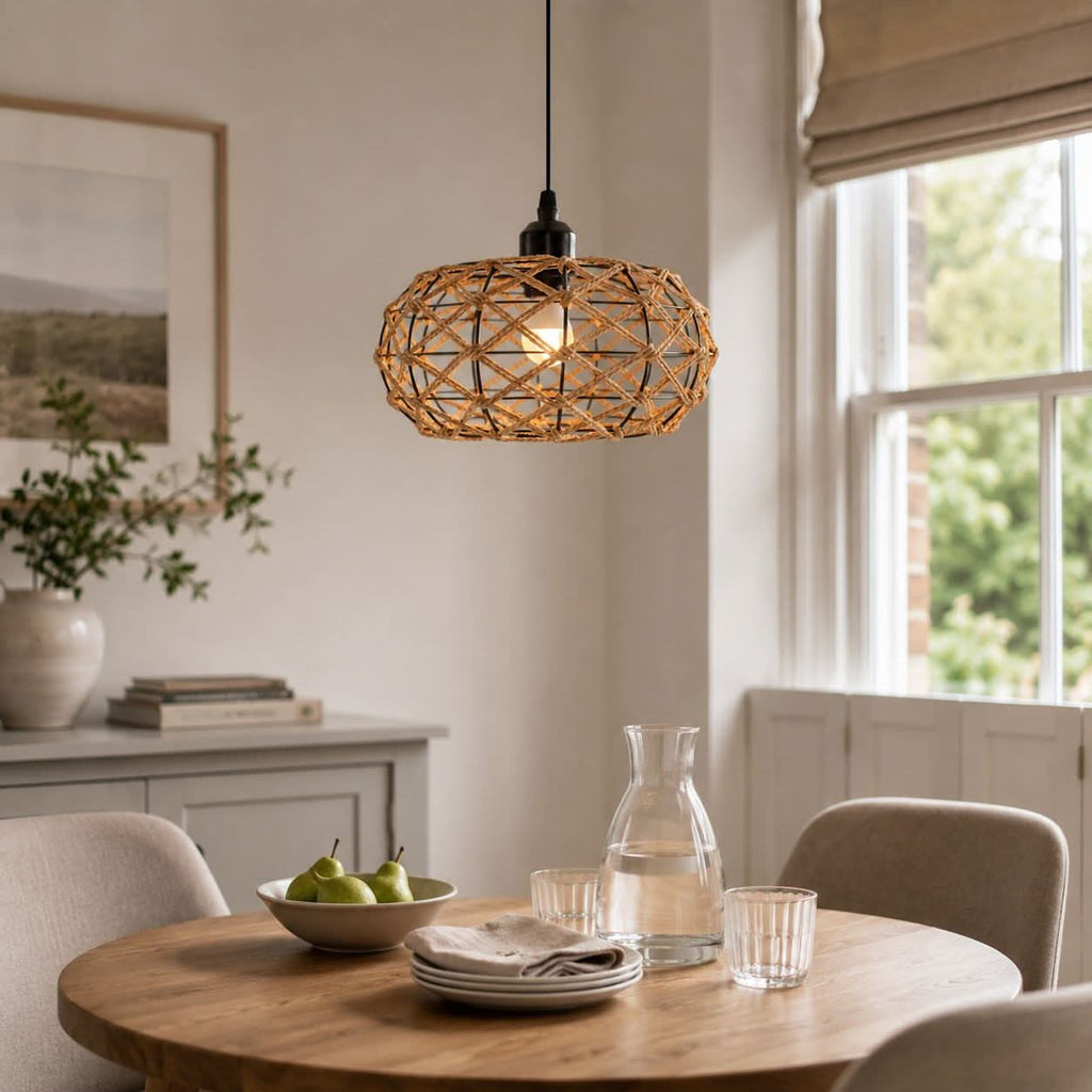 Glyph-Lightsin Handwoven Paper Rope Pendant Light – Rustic Natural Ceiling Fixture for Bedroom, Dining & Living Rooms