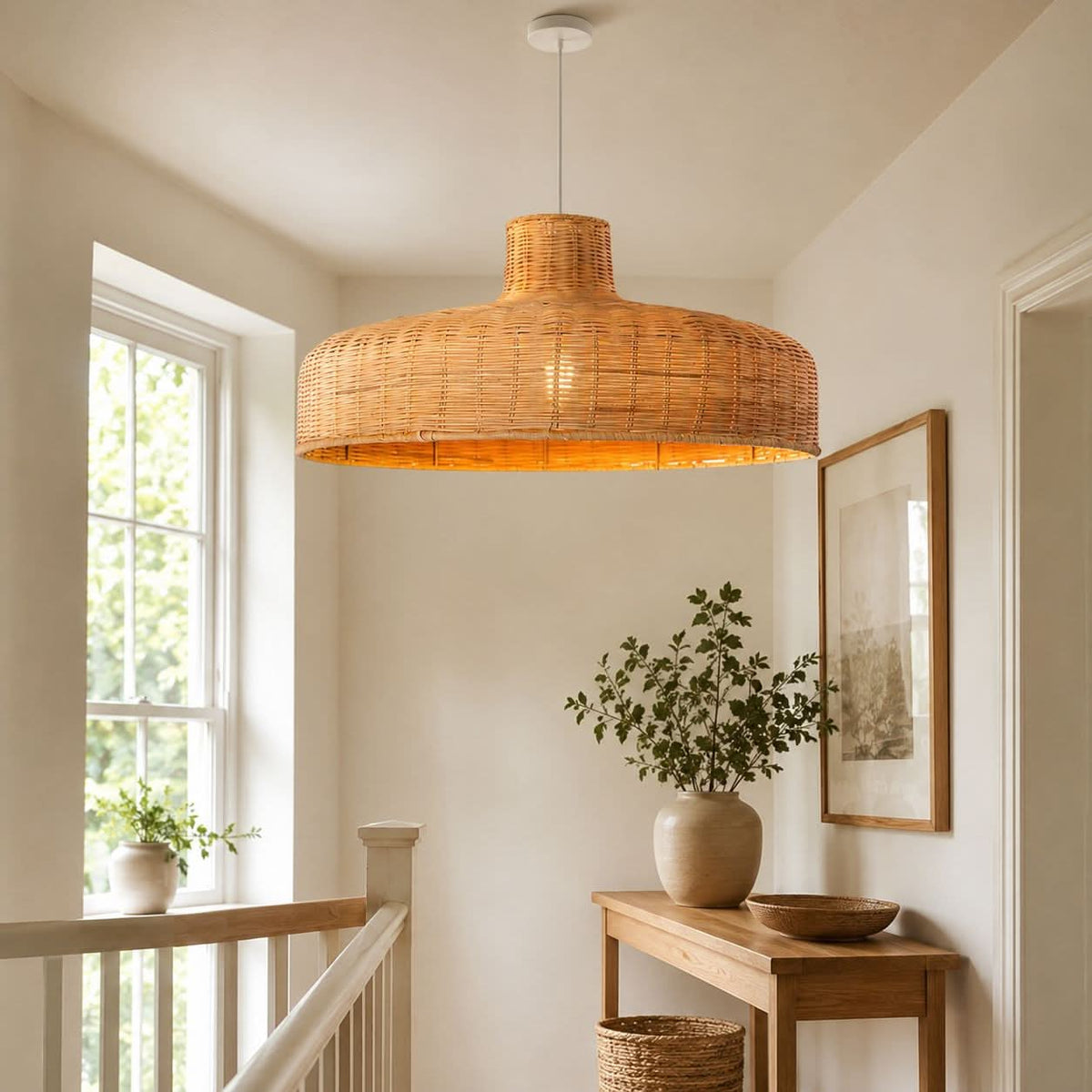 Lightsin Flat Teapot-Shaped Japanese Rattan Pendant Light – Natural Elegance