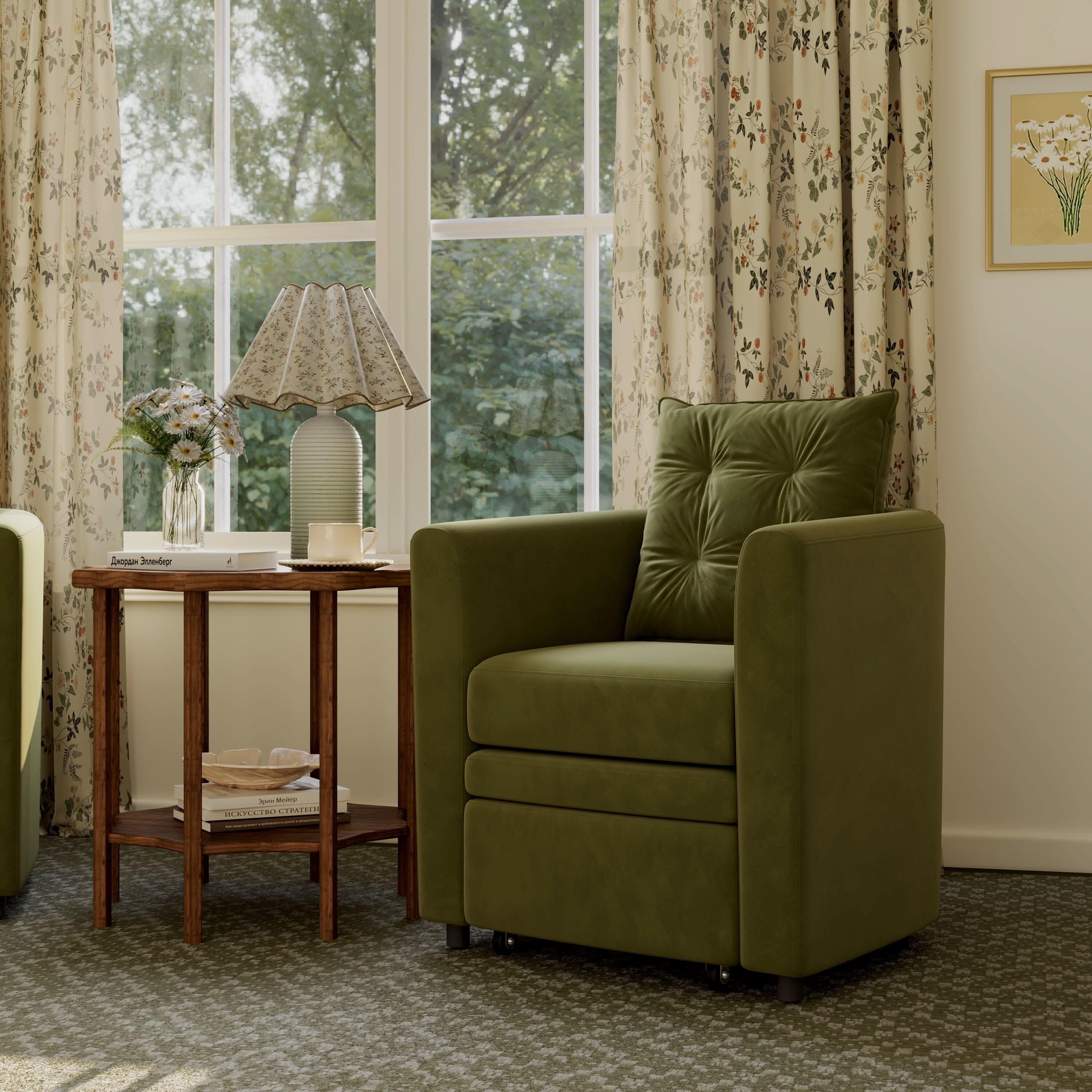 Cottonfy Green Velvet Armchair with Hidden Storage Footstool