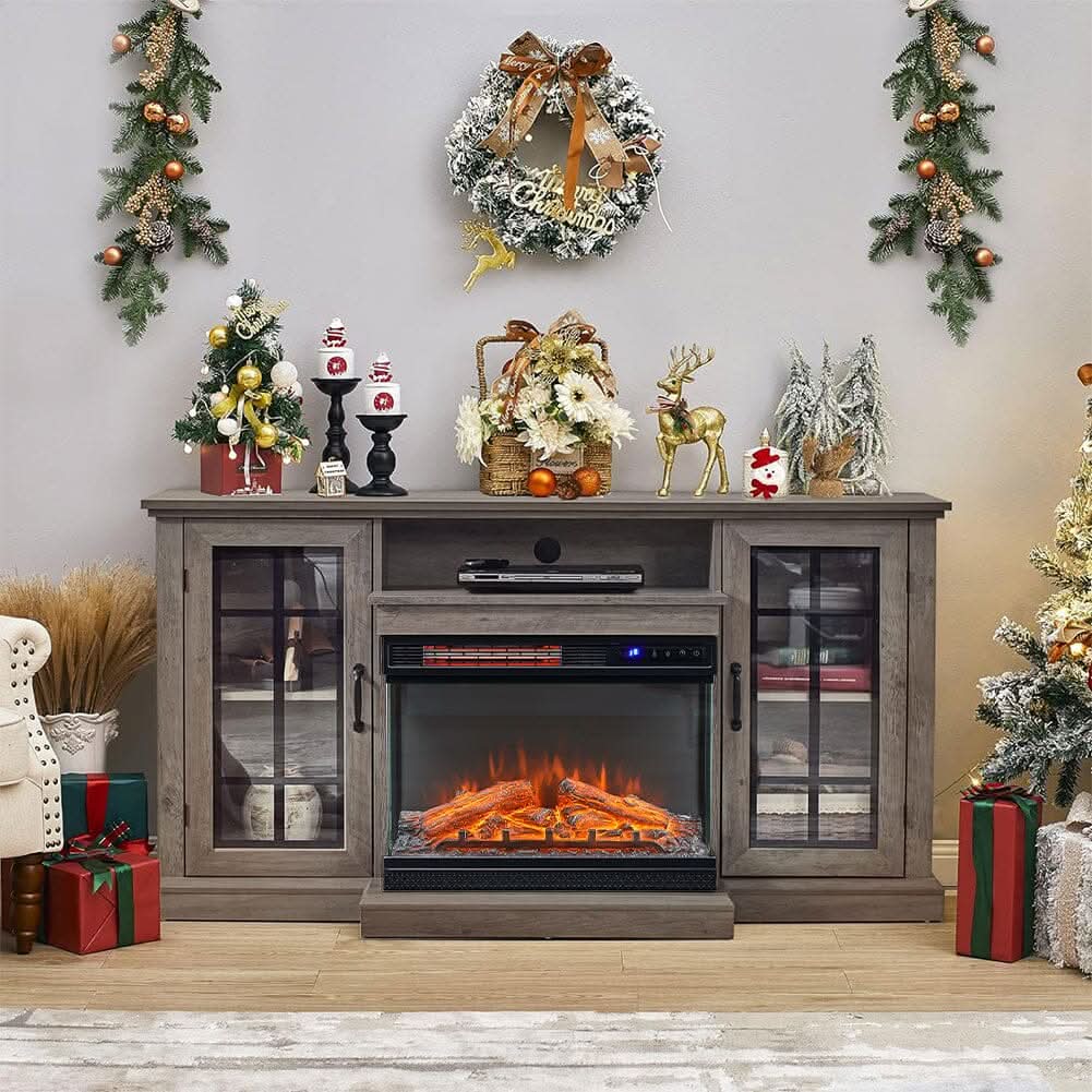 Smallbee Panoramic Glass Fireplace TV Stand with Storage Cabinets, Customizable Flames & Remote Control