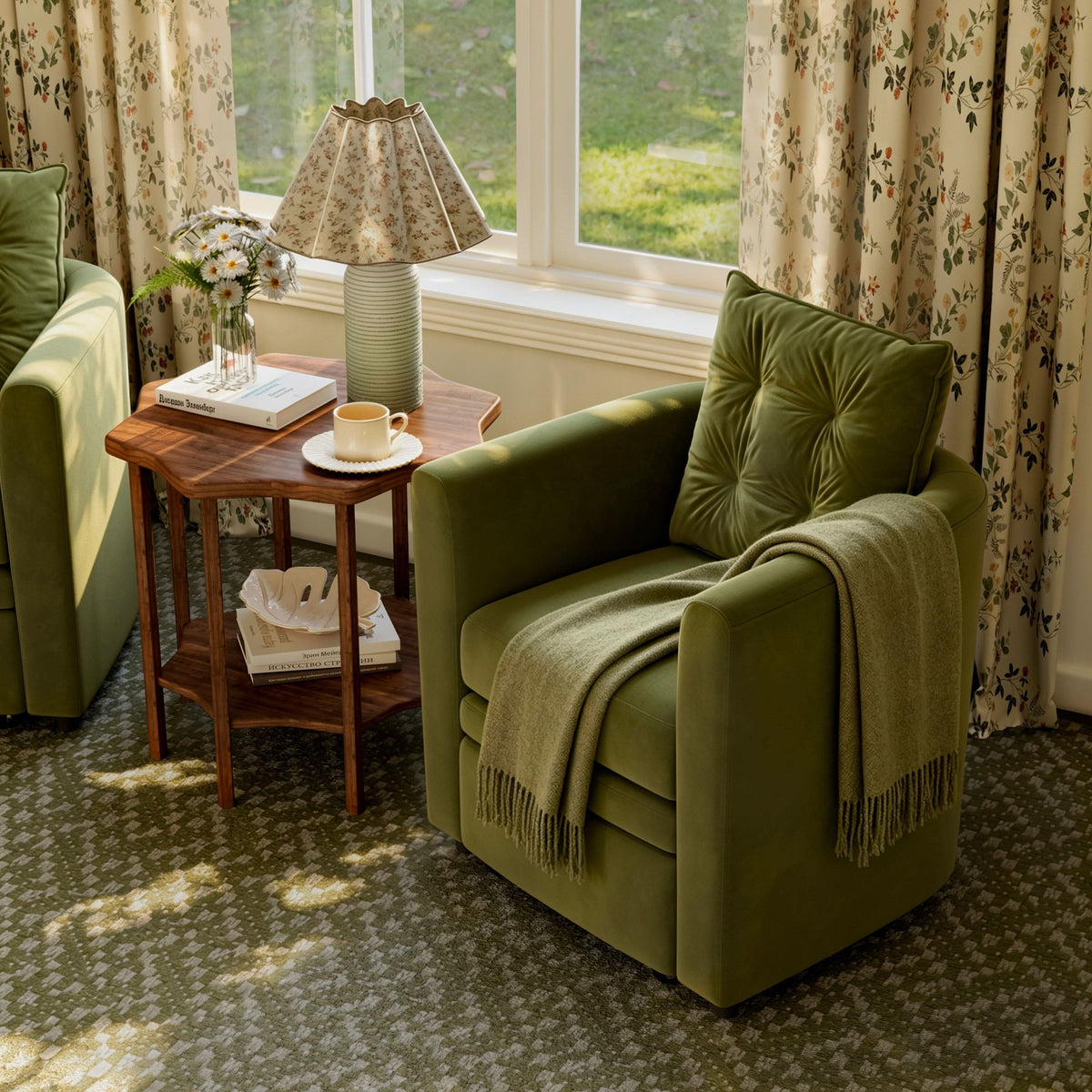 Cottonfy Green Velvet Armchair with Hidden Storage Footstool